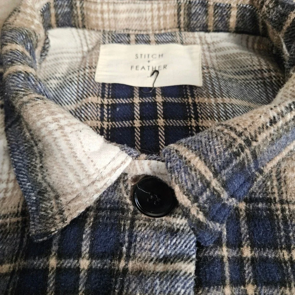 Stitch + Feather Plaid Oversized Shacket Jacket Women Blue‎ Tan White RN 149137